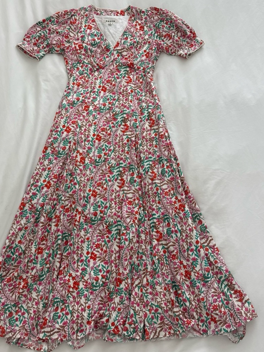 Boden Floral Wrap-Style Dress in Pink, Green & Red